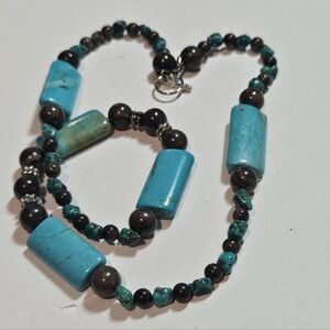 Artisan Natural Turquoise & Black Agate Beads Statement Necklace Chunky Bohemian